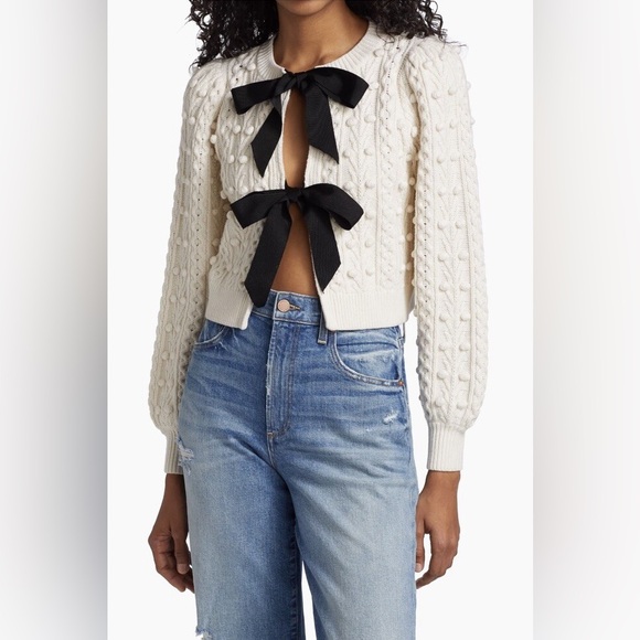 Alice + Olivia Kitty puff-sleeve cardigan cream with black bows size large - Picture 2 of 9